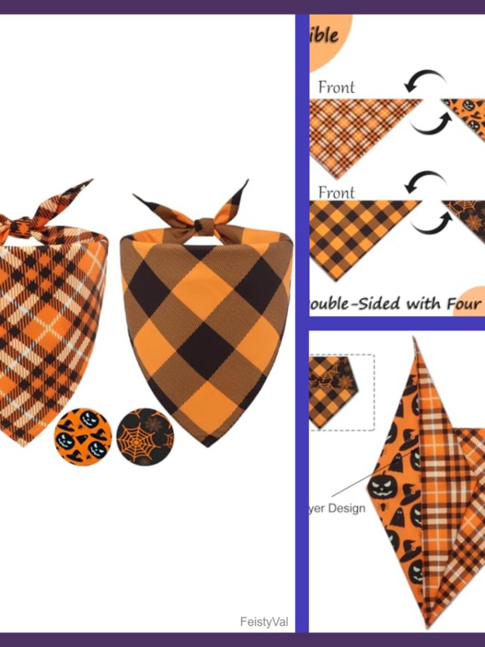 Halloween Reversible Dog Bandana 2PCS Large Polyester Fall Pet Scarf